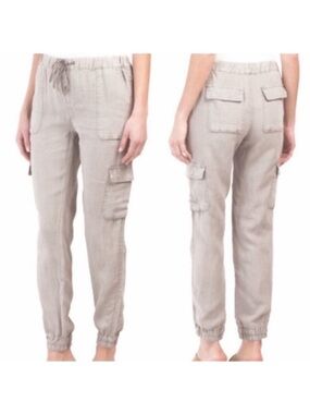 Nicole Miller Cargo  pants 100% linen joggers  Drawstring Elastic Waist Cream